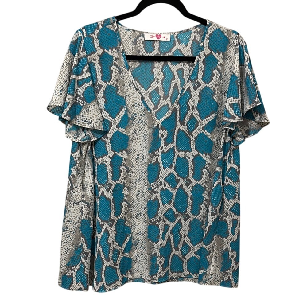 Buddy Love Women Avril Flutter‎ Sleeve Top Snake Print Blue